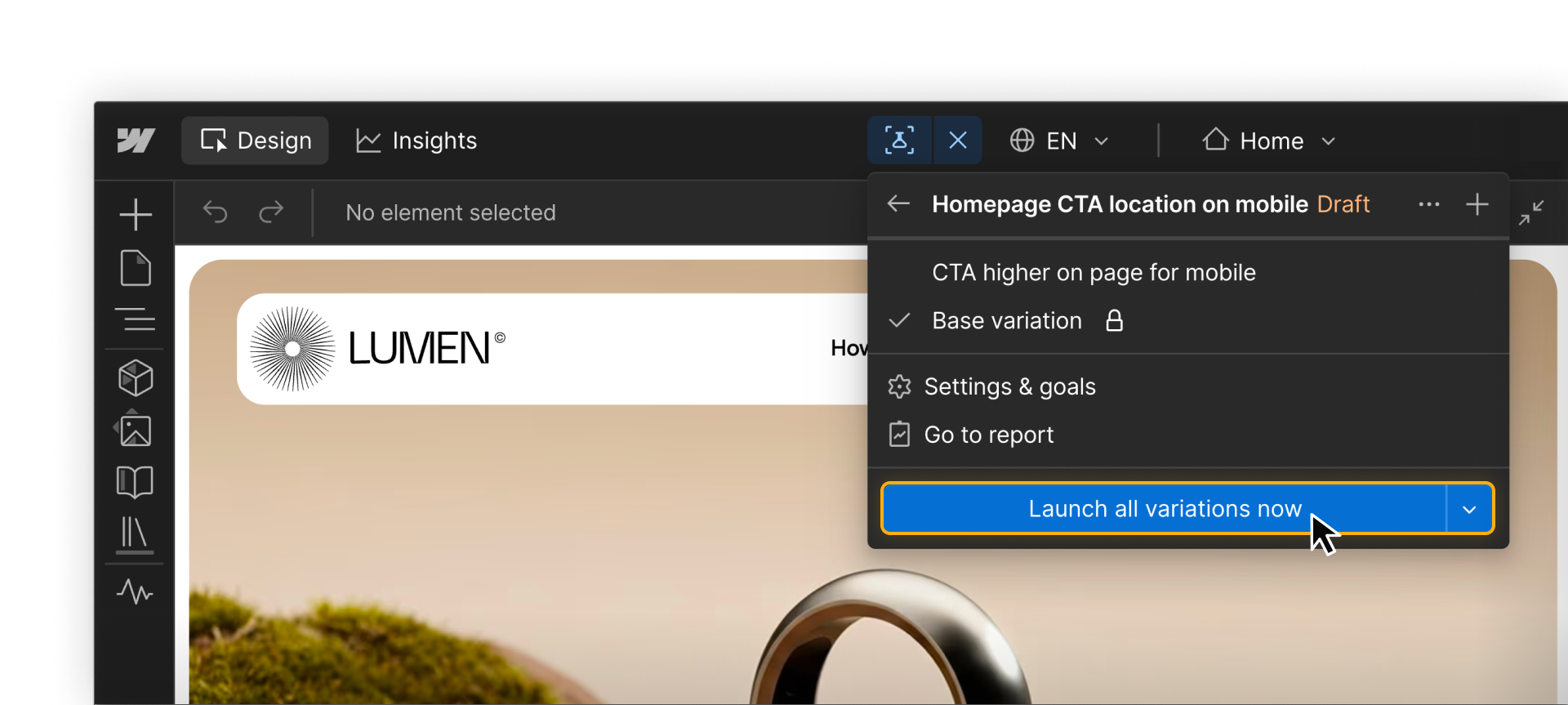Draft test open in the Designer with “Launch all variations now” highlighted for “Homepage CTA location on mobile.”