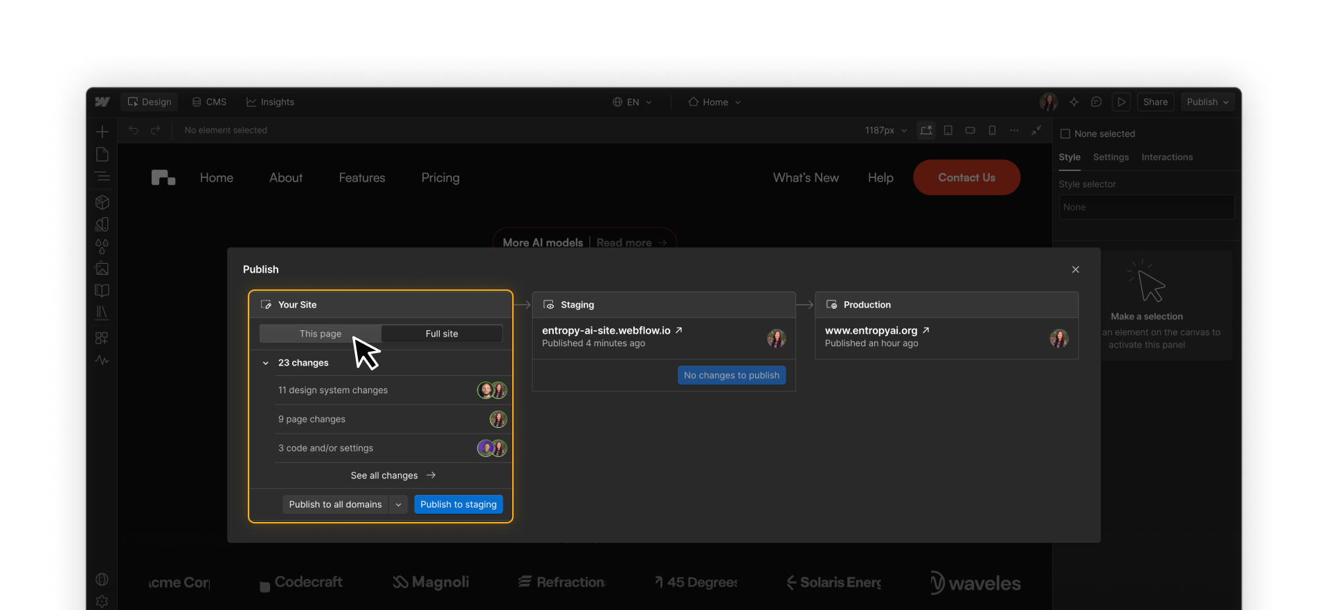 Webflow publishing modal with the cursor pointing to “This page” for publishing an individual page.