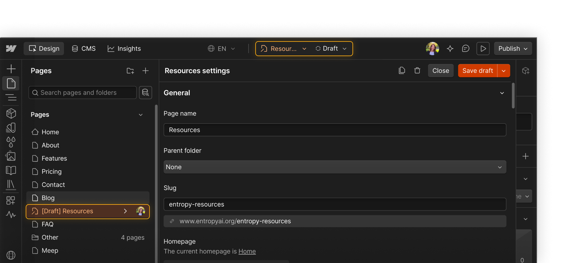 Resources page settings in Webflow, with Draft status highlighted in the Pages panel and top toolbar.
