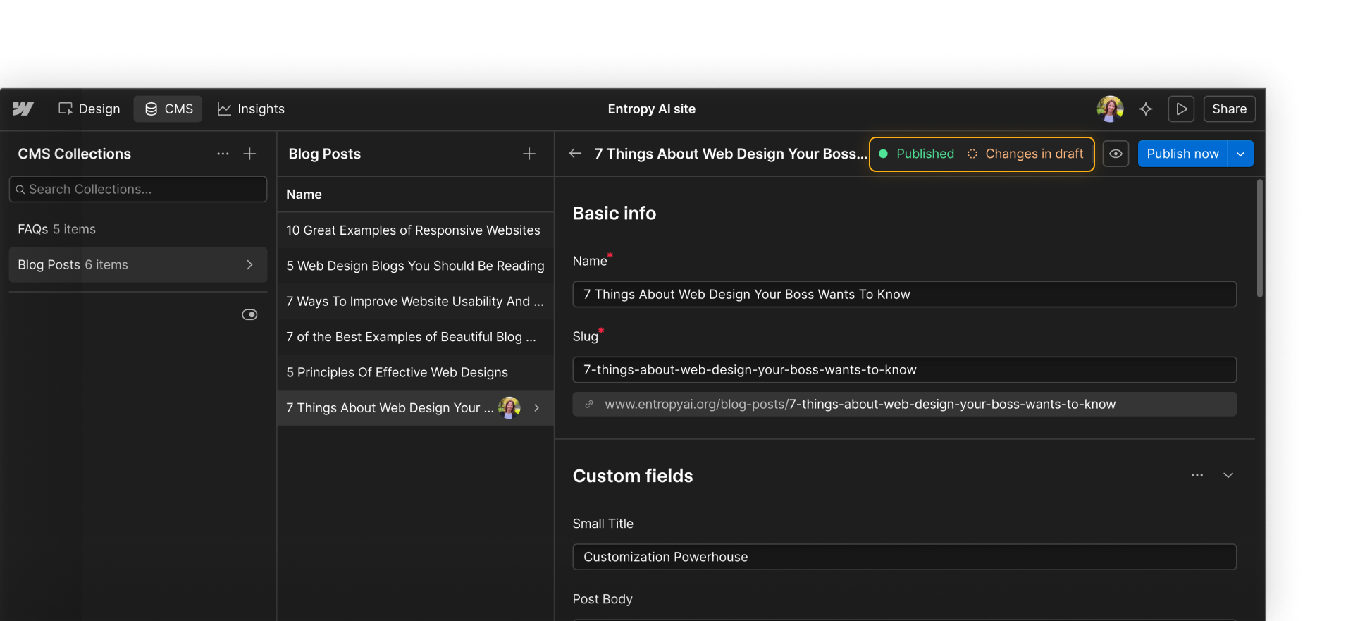 Published blog post open in Webflow CMS, with “Changes in draft” highlighted to show unpublished edits to the live item.