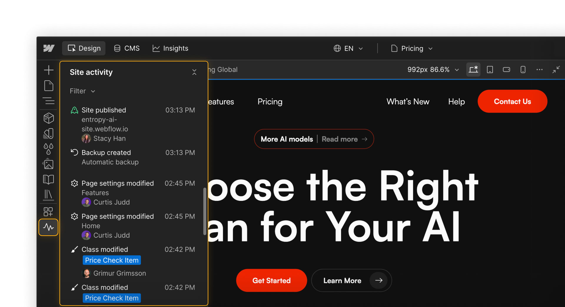 Webflow Site activity panel showing who published to staging, modified page settings, and changed classes, with timestamps.