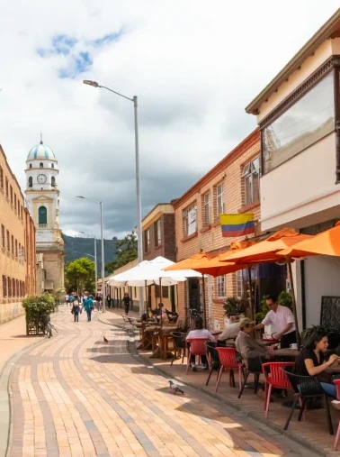 Personas en terraza con sombrillas naranjas y blancas en calle adoquinada con torre y bandera de Colombia.