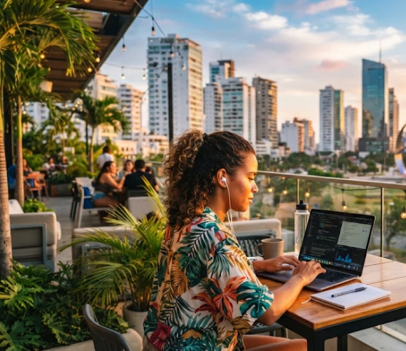 Mujer trabajando en laptop en terraza al aire libre con vista a rascacielos al atardecer.