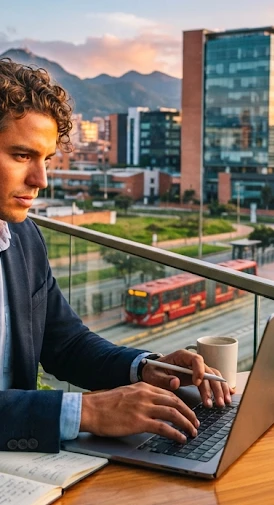 Hombre usando laptop en balcón con vista a buses rojos y edificios de la ciudad al fondo.