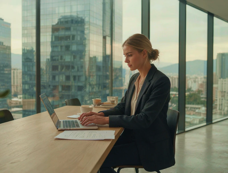 Mujer trabajando en laptop en oficina moderna con ventanales y vista a edificios altos.