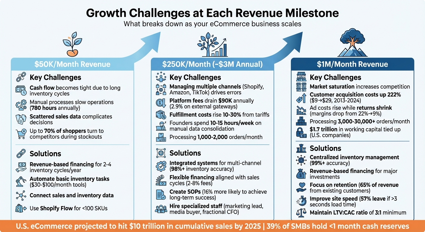 eCommerce Revenue Milestones: Challenges and Solutions at $50K, $250K, and $1M Monthly Revenue