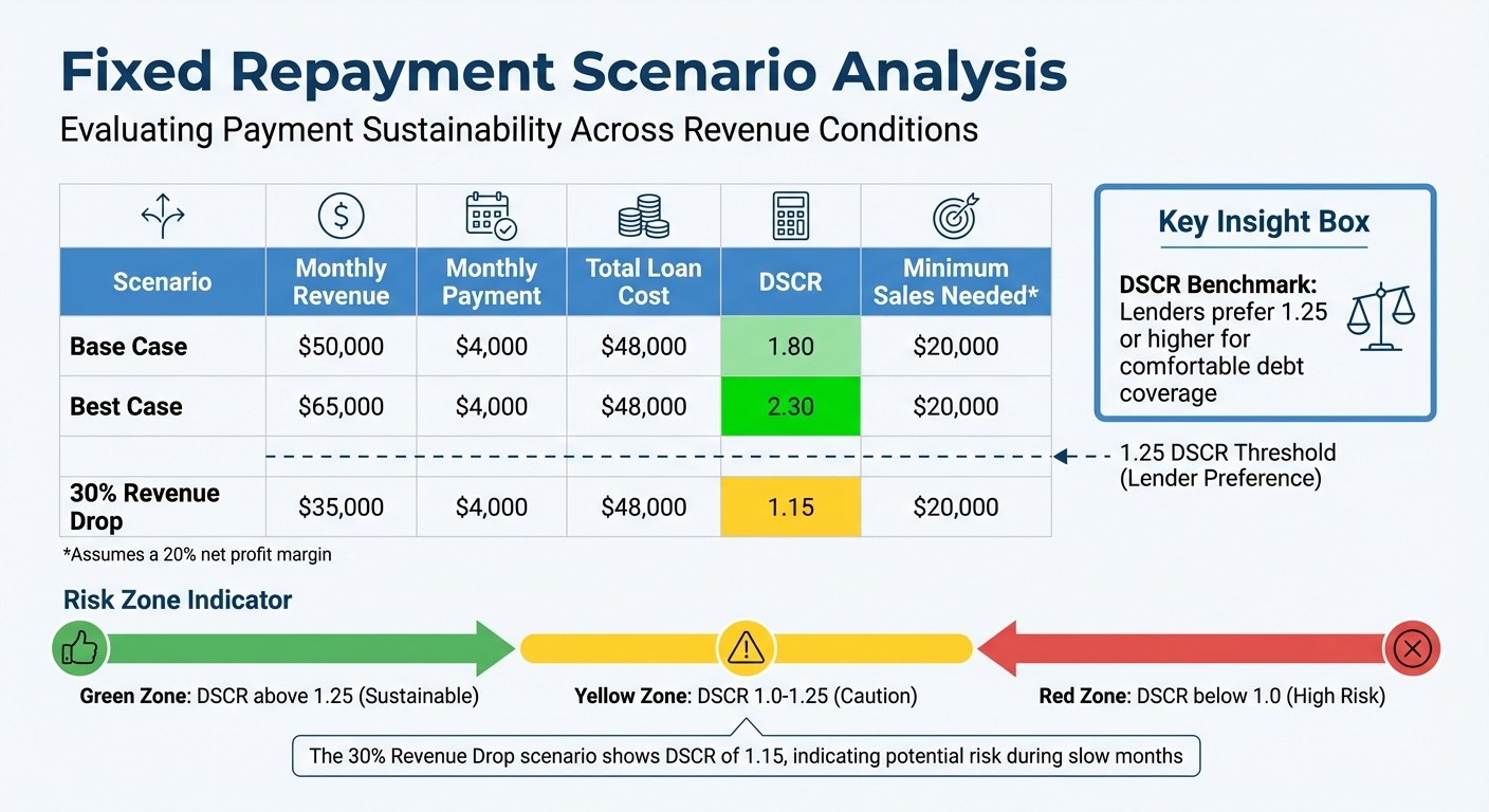 Fixed Repayment Readiness Assessment Table with Revenue Scenarios and DSCR Calculations