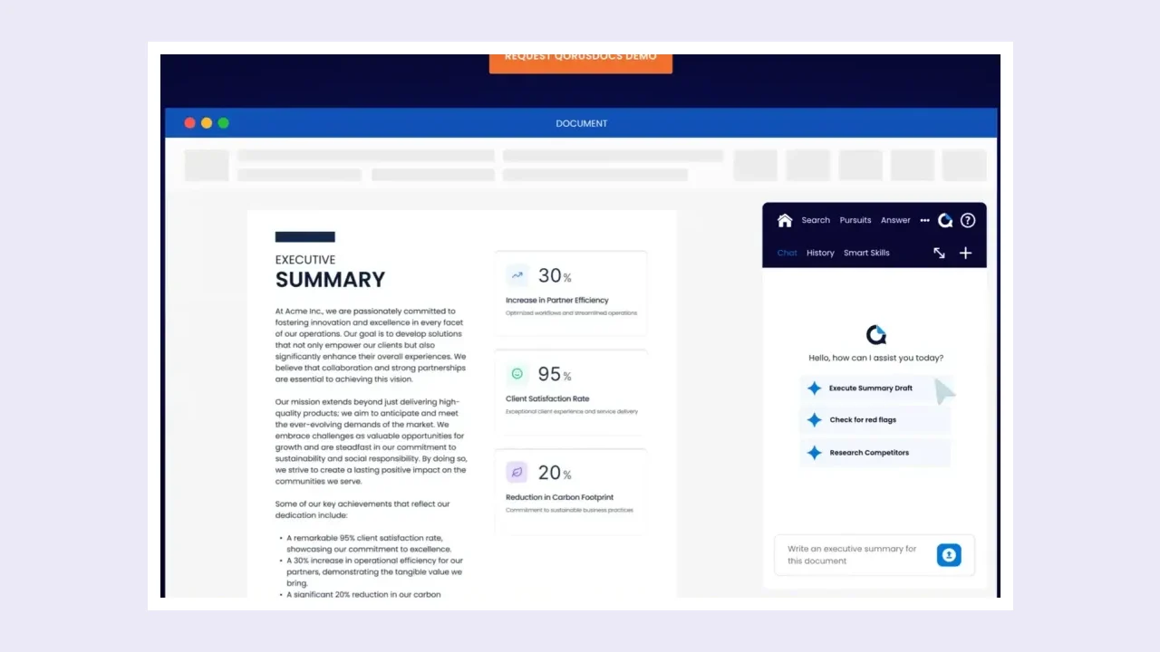QorusDocs product interface: an executive summary document with an AI assistant panel