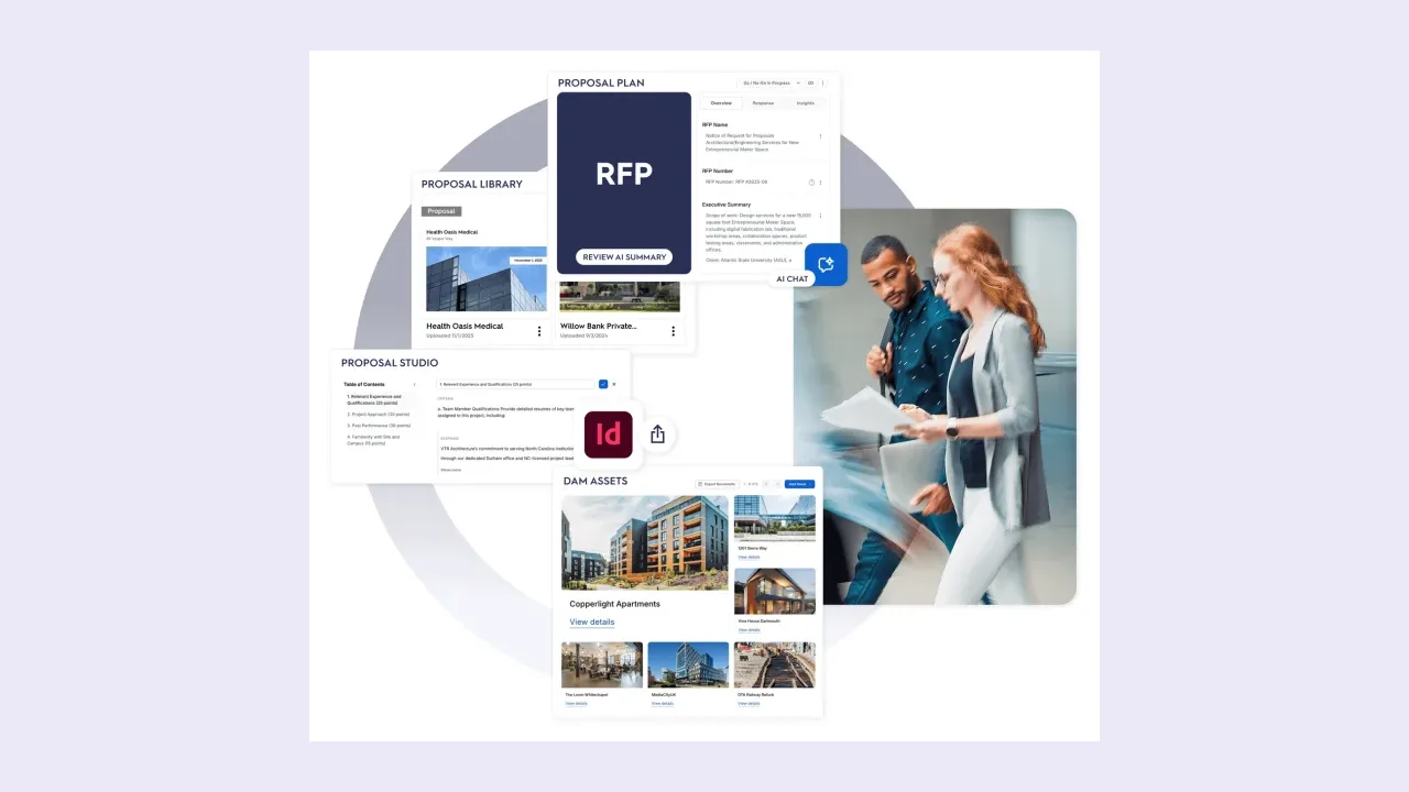 OpenAsset product interface: proposal library, RFP review, and DAM assets