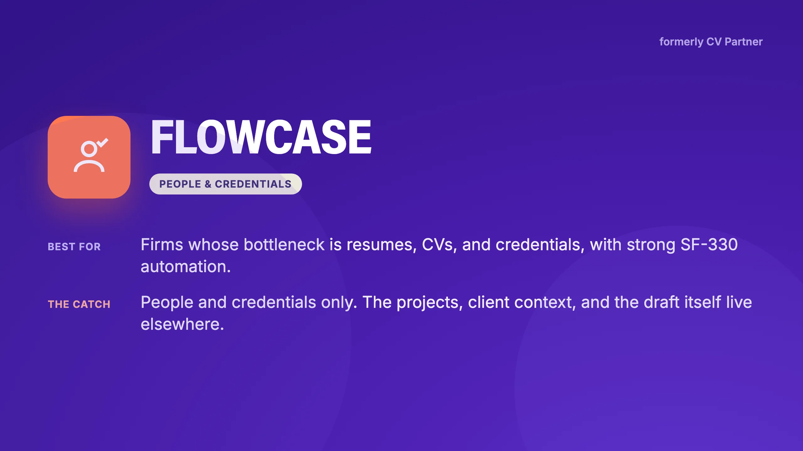 Flowcase verdict card: resume and case study management for AEC, covering people and credentials