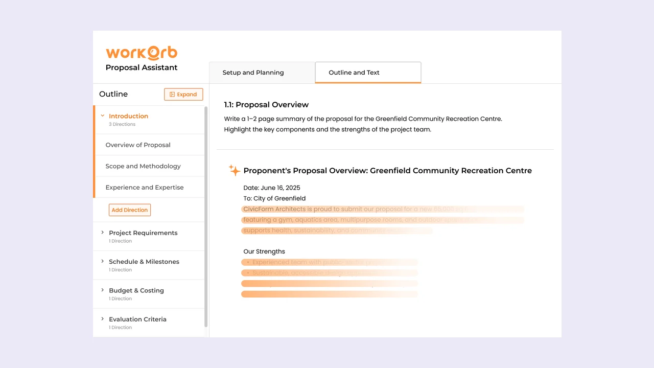 Workorb AI Proposal Assistant: a proposal outline with AI-generated overview and strengths sections