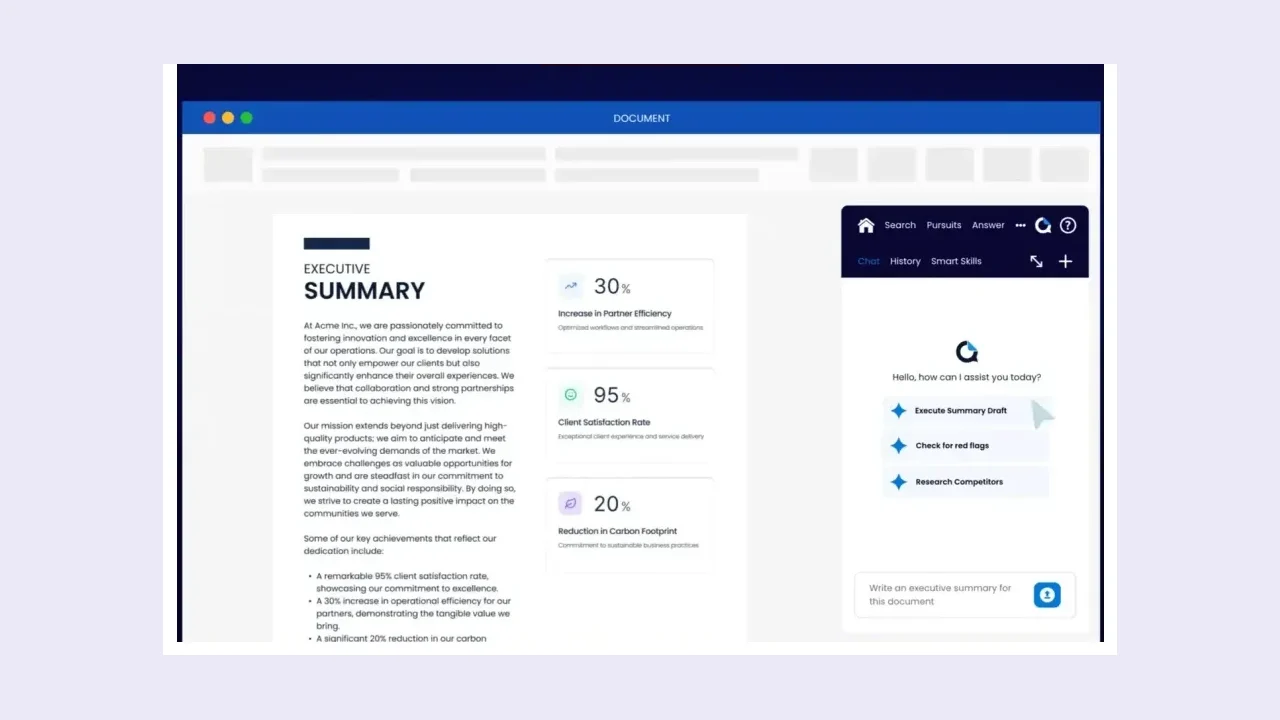 QorusDocs proposal automation inside Microsoft 365, showing an executive summary drafted in a document alongside the QPilot assistant panel