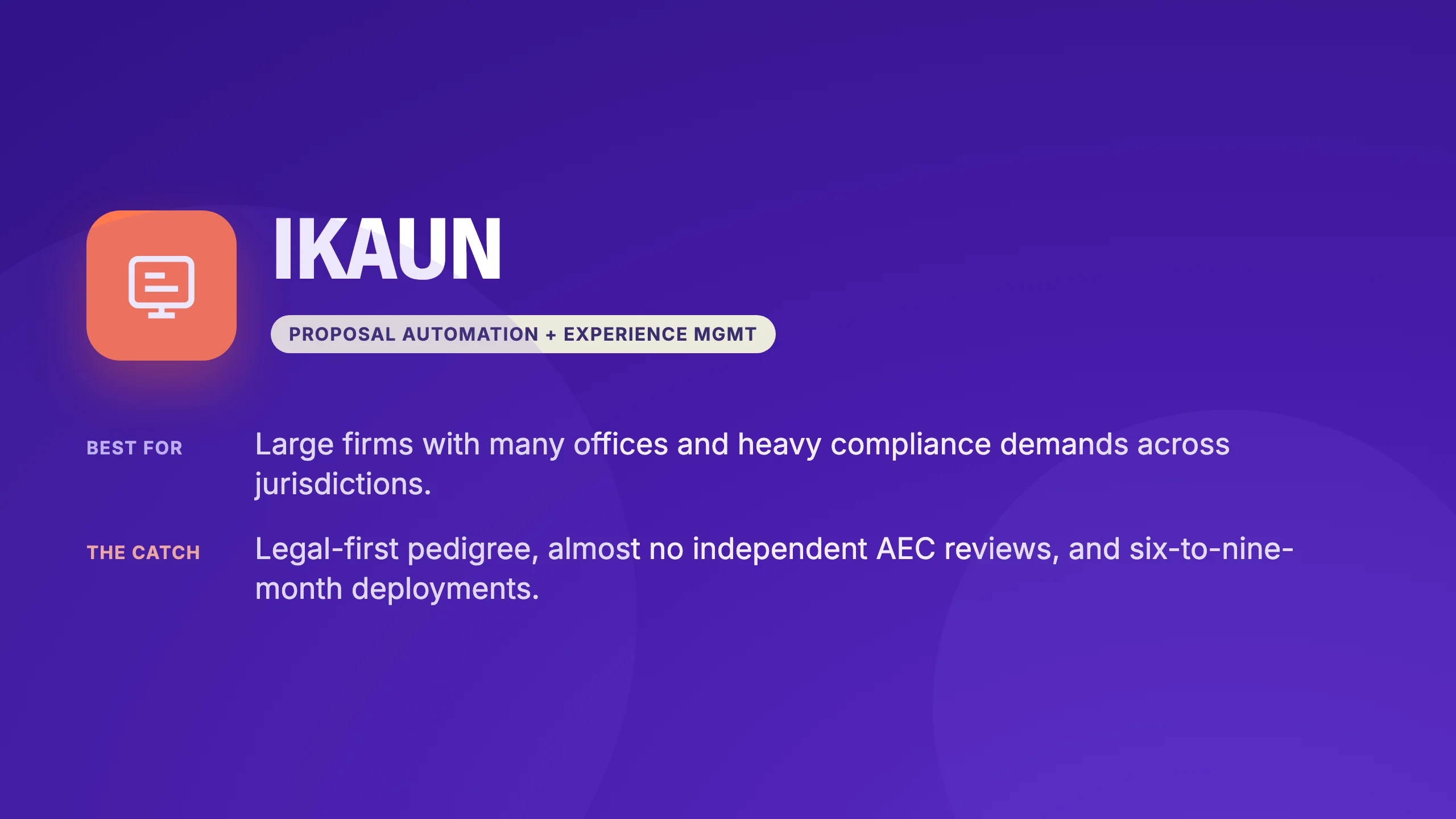 Ikaun verdict card: proposal automation plus experience management, best for large multi-office professional firms, with the catch of a legal-first pedigree, almost no independent AEC reviews, and six-to-nine-month deployments