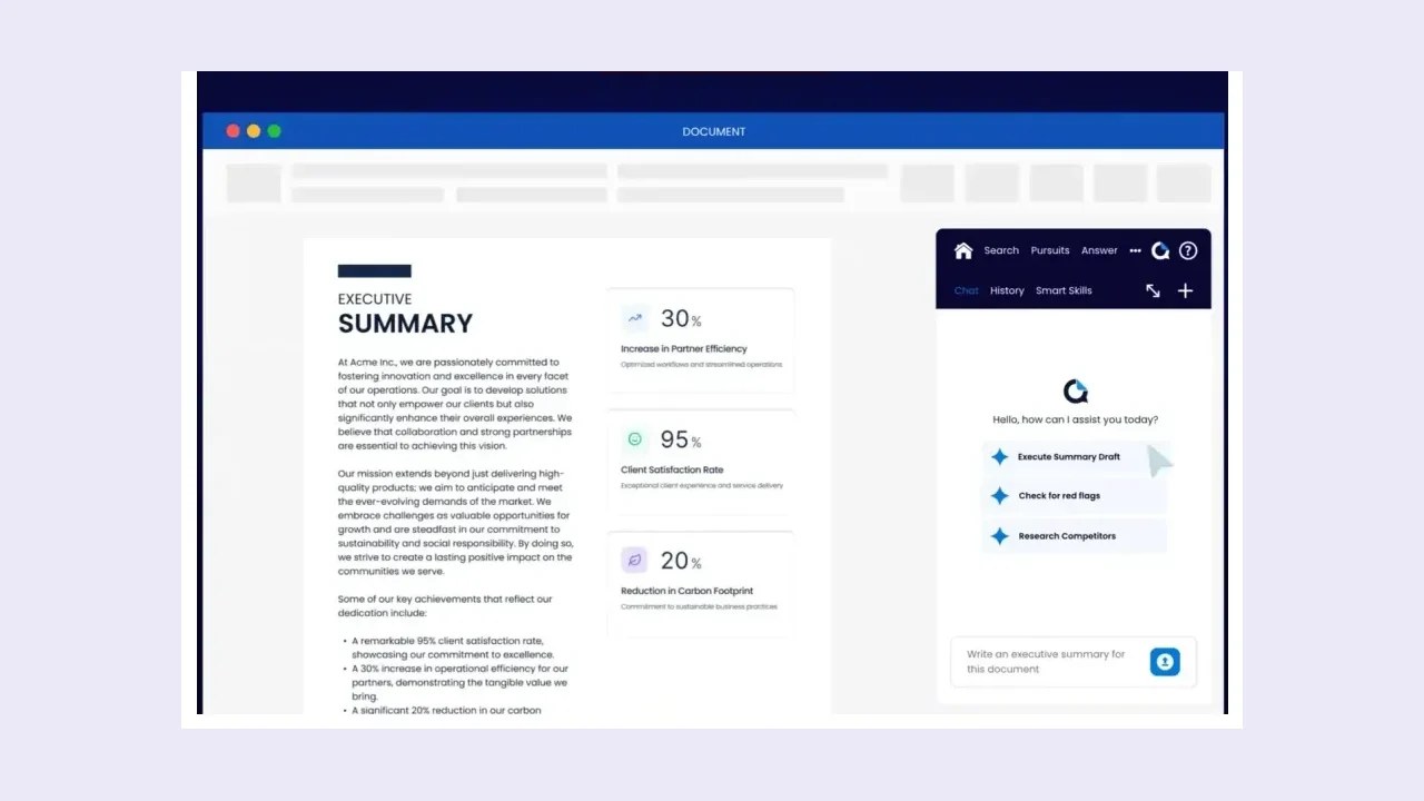 The QorusDocs assistant panel open beside a proposal document, offering to draft an executive summary, check for red flags and research competitors