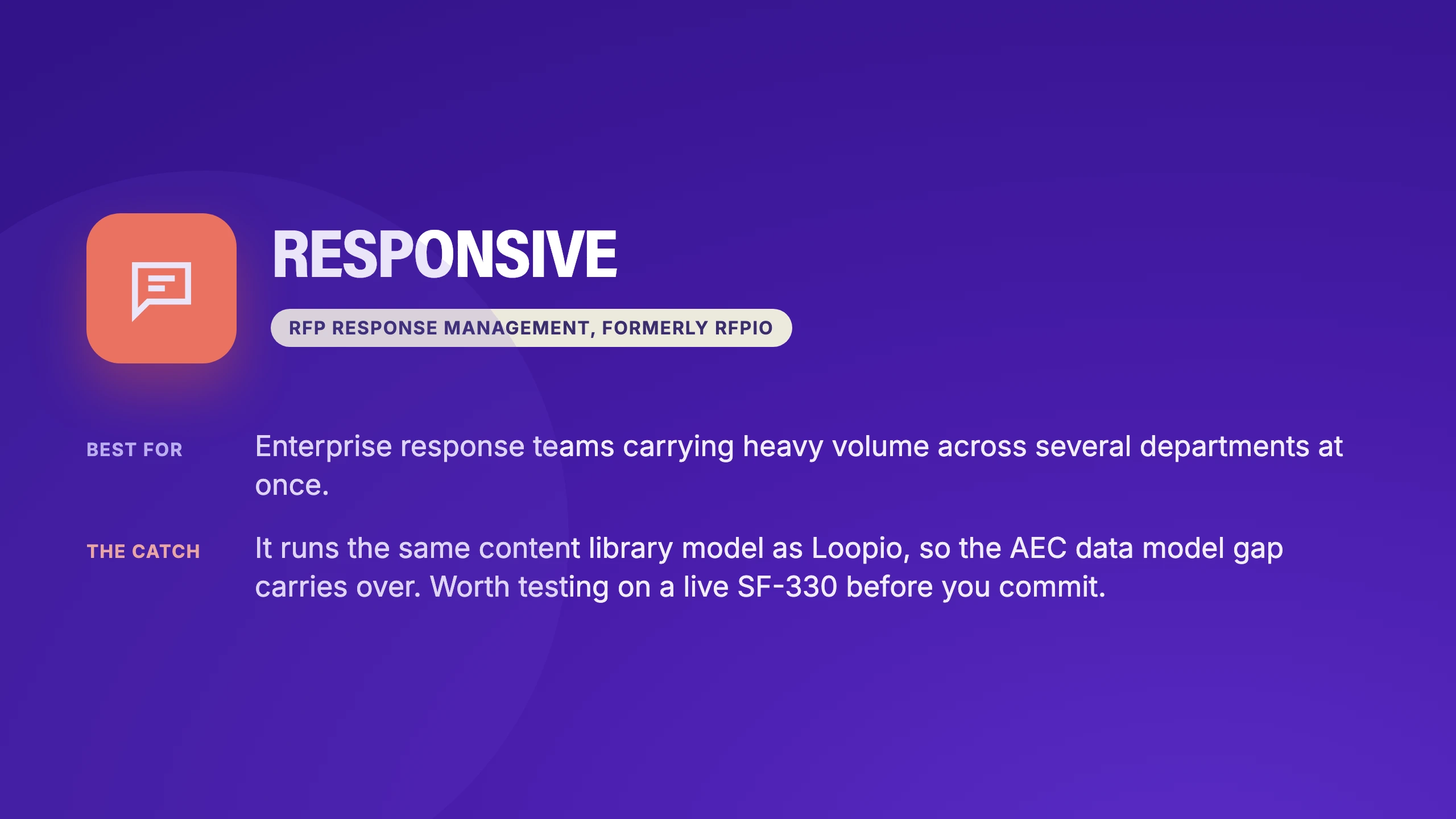 Responsive verdict card: RFP response management, formerly RFPIO, best for enterprise response teams carrying heavy volume, with the same content library model as Loopio worth testing on a live SF-330