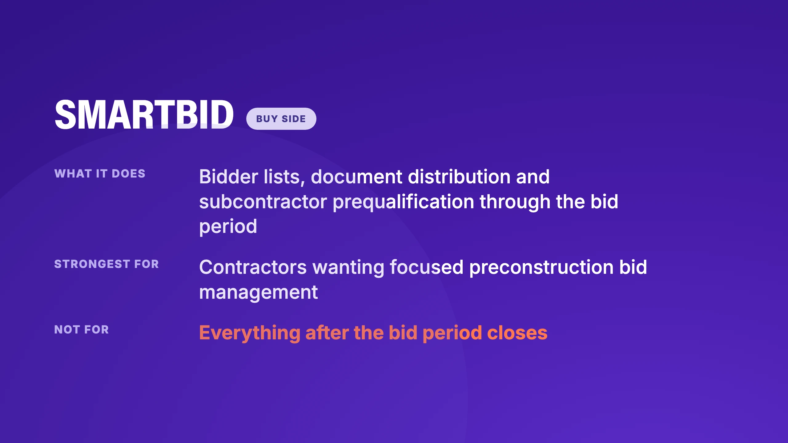 SmartBid, buy side: bidder lists, document distribution and subcontractor prequalification through the bid period, strongest for contractors wanting focused preconstruction bid management, not for everything after the bid period closes