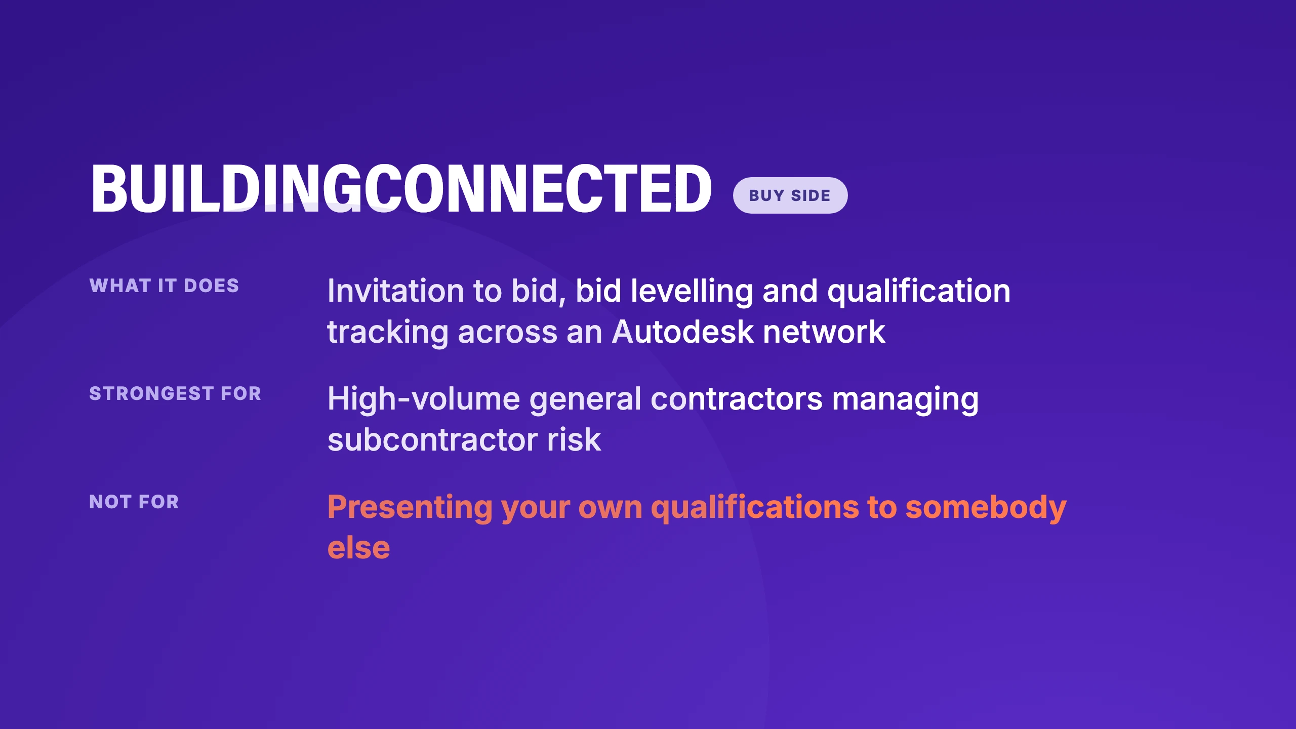 BuildingConnected, buy side: invitation to bid, bid levelling and qualification tracking across an Autodesk network, strongest for high-volume general contractors managing subcontractor risk, not for presenting your own qualifications to somebody else