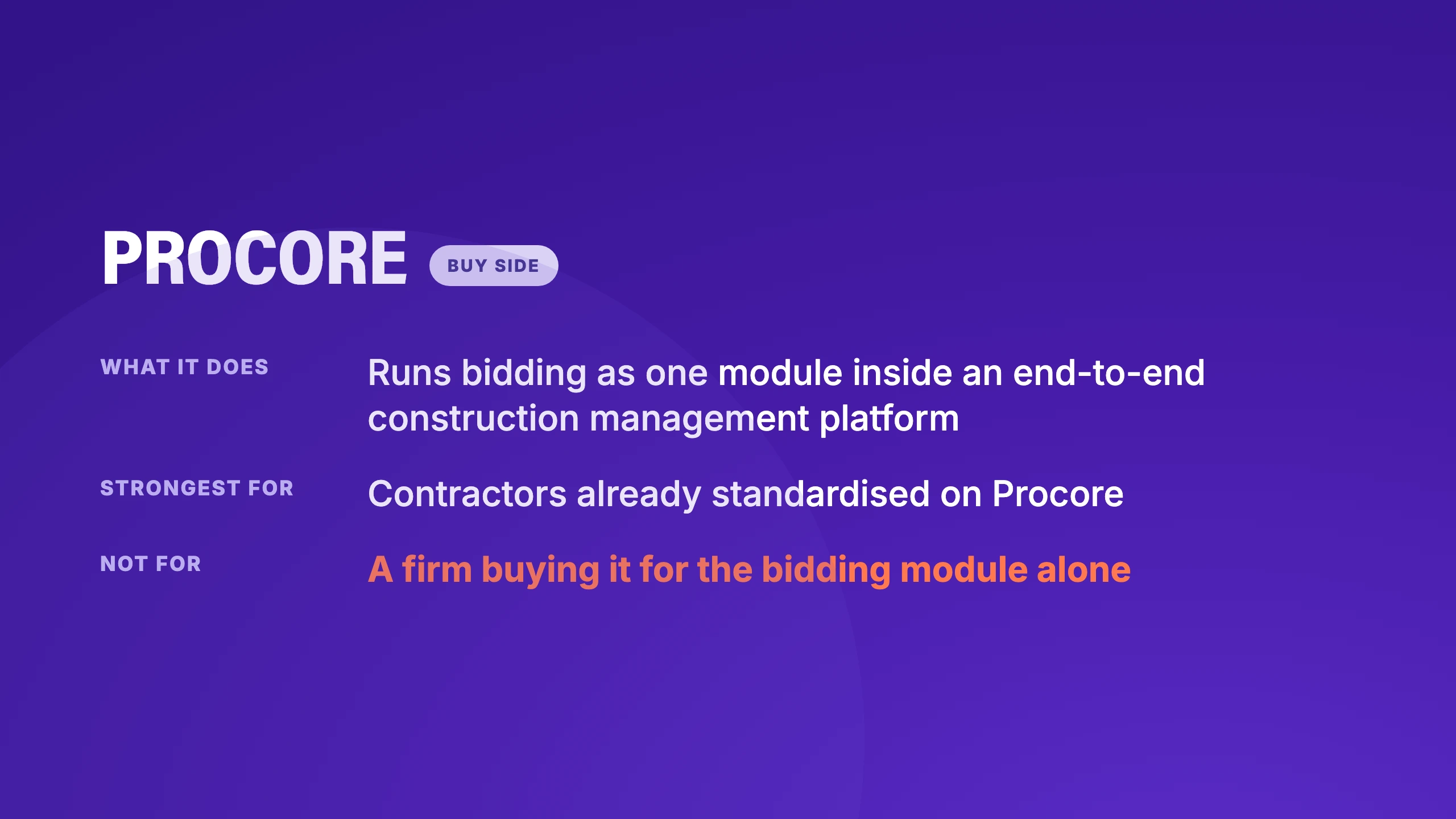 Procore, buy side: runs bidding as one module inside an end-to-end construction management platform, strongest for contractors already standardised on Procore, not for a firm buying it for the bidding module alone