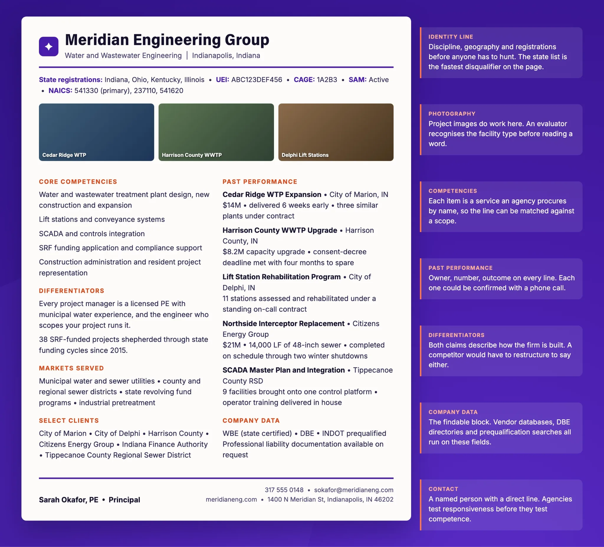 A worked example capability statement for a water and wastewater engineering firm, annotated to show why each block is written the way it is