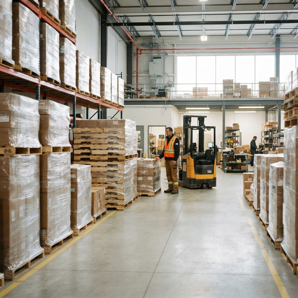 Clean warehouse interior with neatly stacked shipping pallets