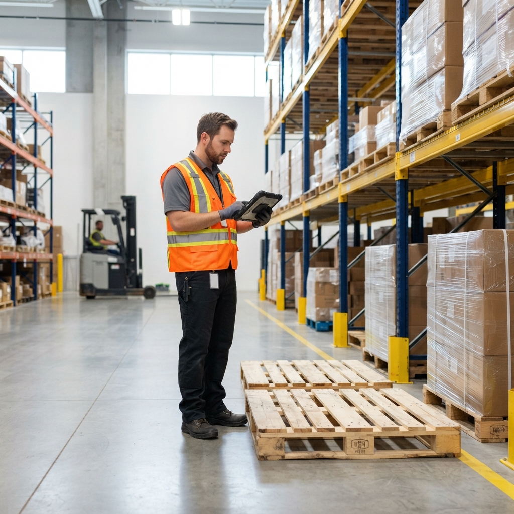 Warehouse worker preparing pallets for shipment in a clean facility