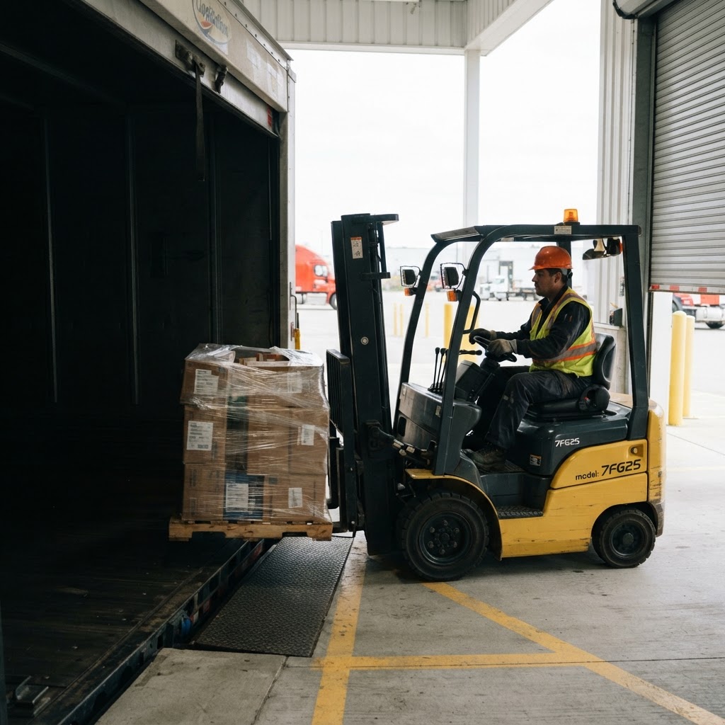 Forklift loading pallet onto a truck at a loading dock