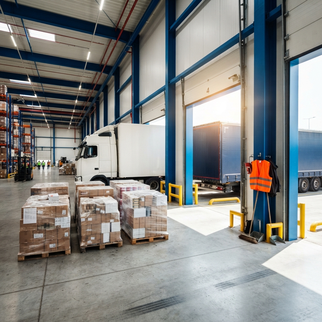 Transport truck at a clean warehouse loading dock