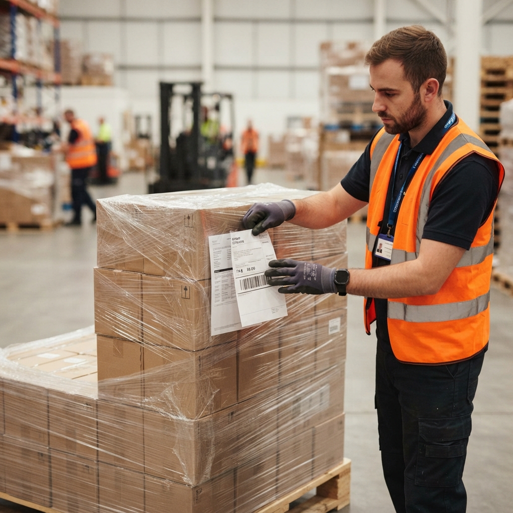 Warehouse worker checking pallets of cargo