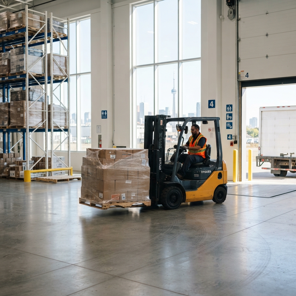 Forklift operator moving organized pallets in a clean warehouse