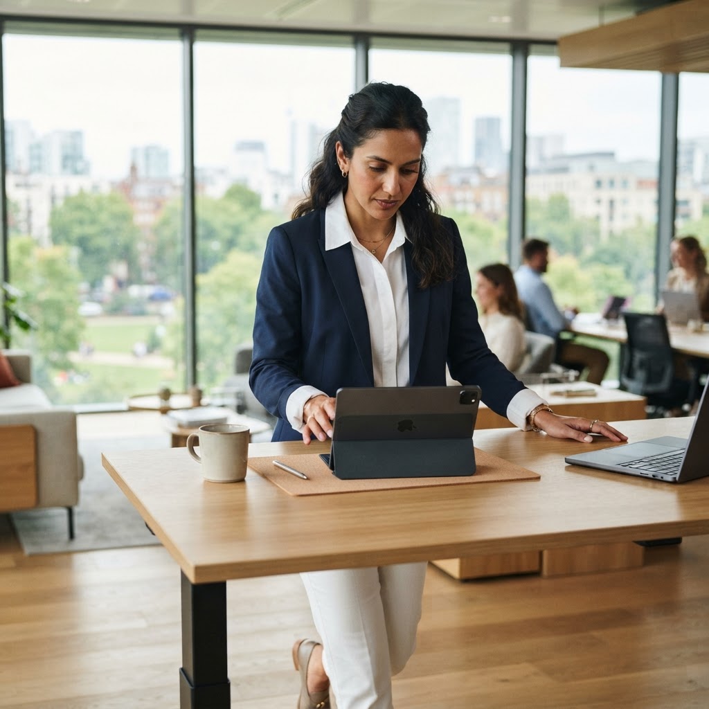 Logistics manager calmly working at a clean office desk