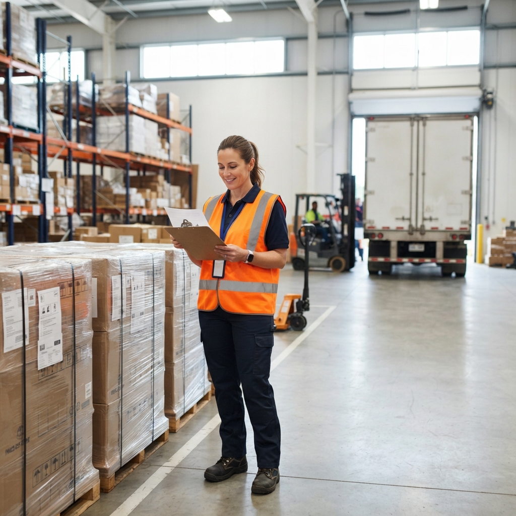 Logistics coordinator managing palletized freight in a professional warehouse