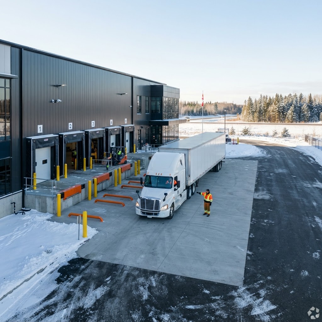 Transport truck reversing into a clean warehouse dock in winter