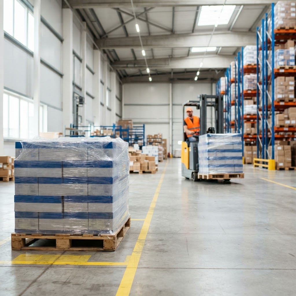 Organized warehouse floor with packed freight pallet
