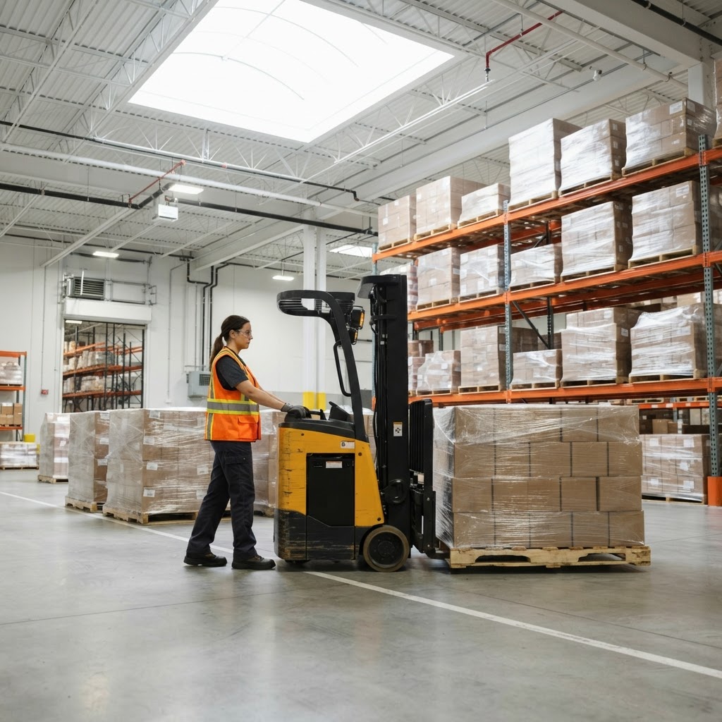 Warehouse operator preparing pallets for shipping