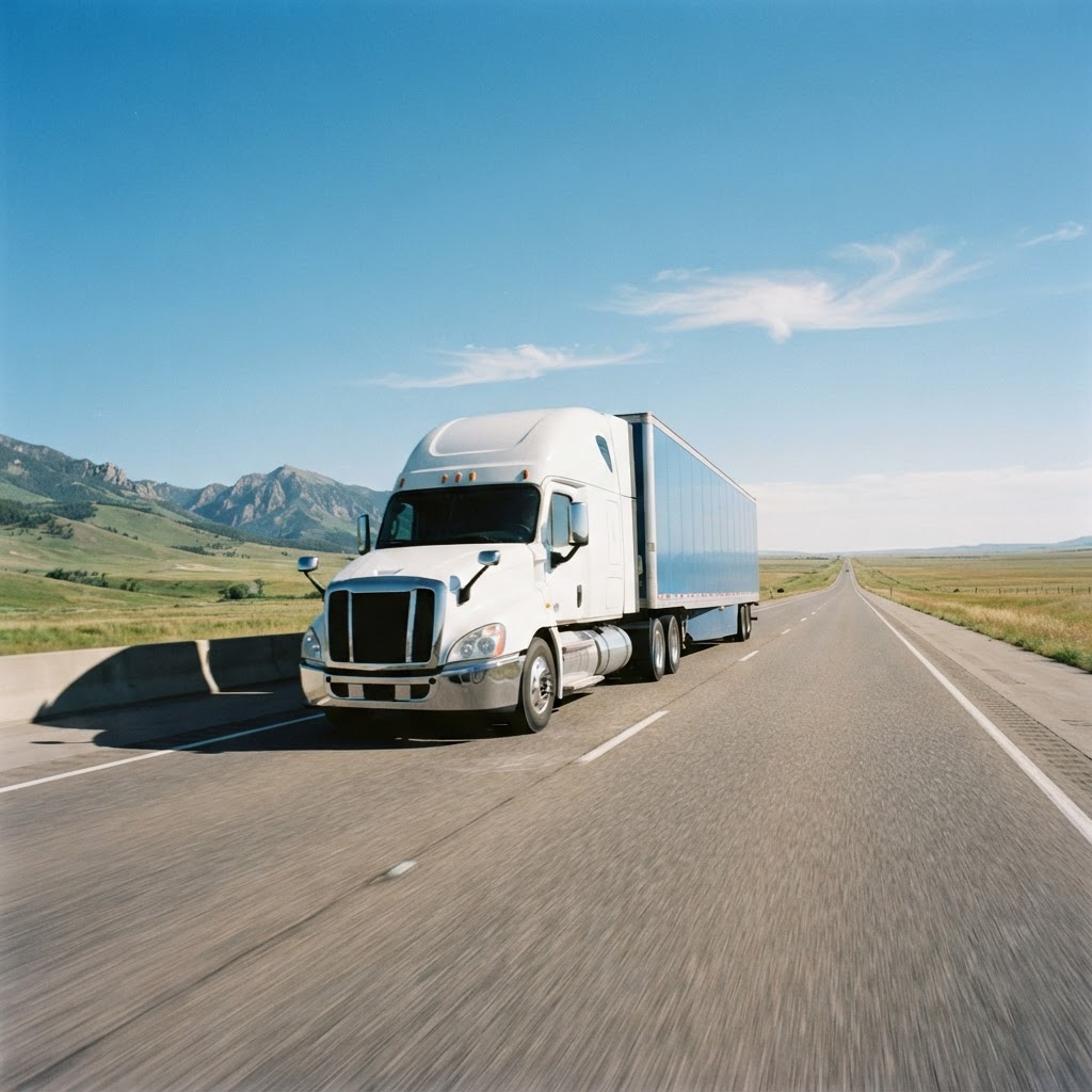 Semi truck driving on a highway during day