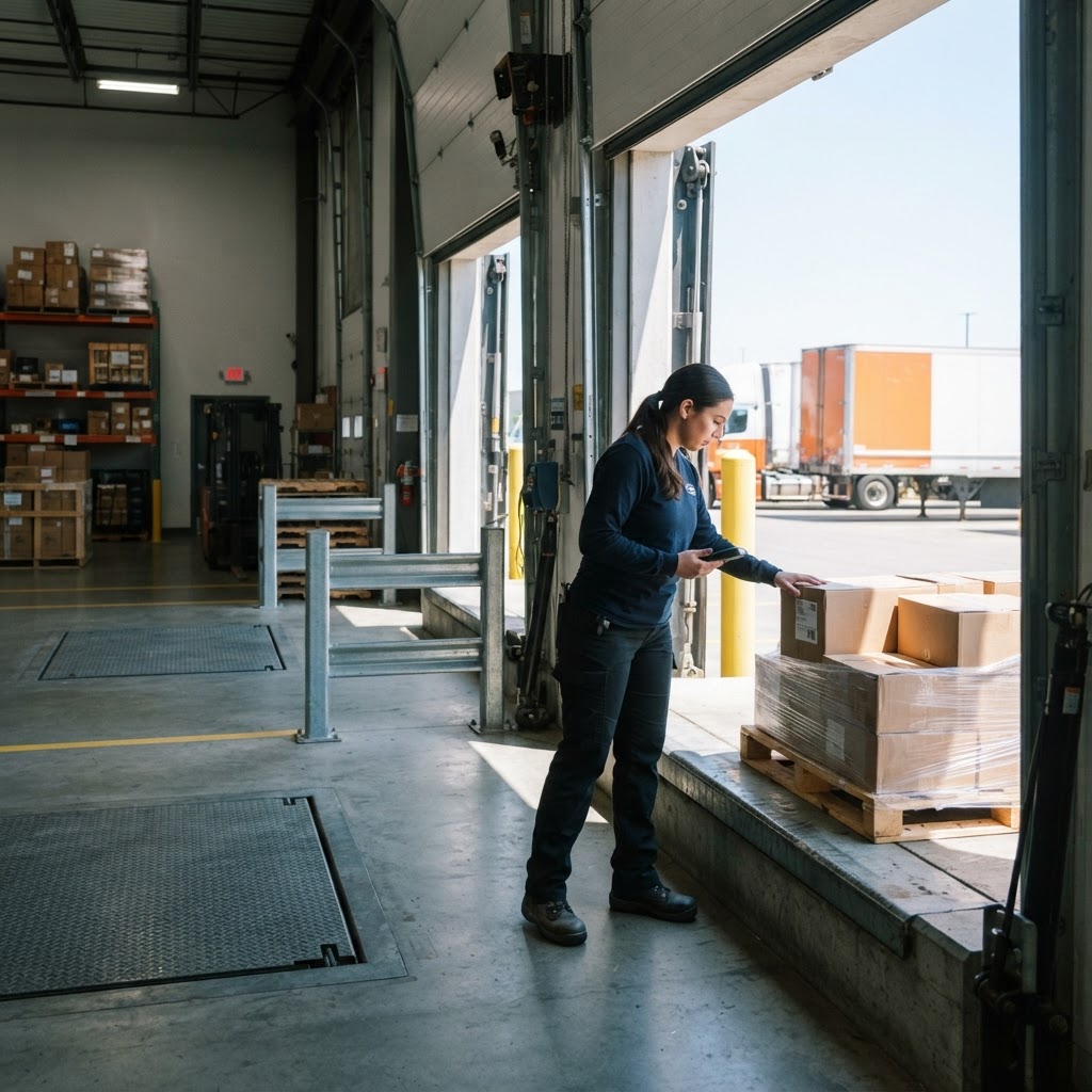 Logistics professional checking freight at a shipping dock