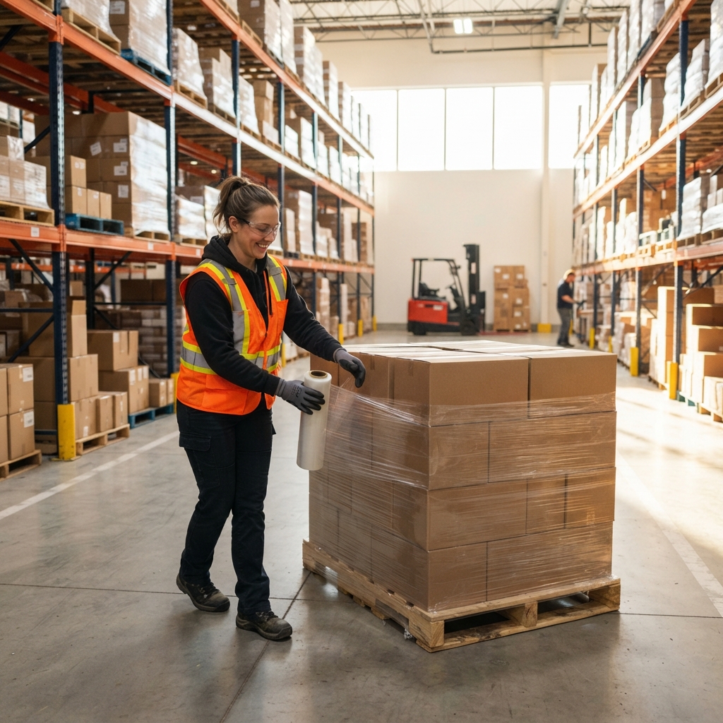 Warehouse worker preparing a pallet for shipment