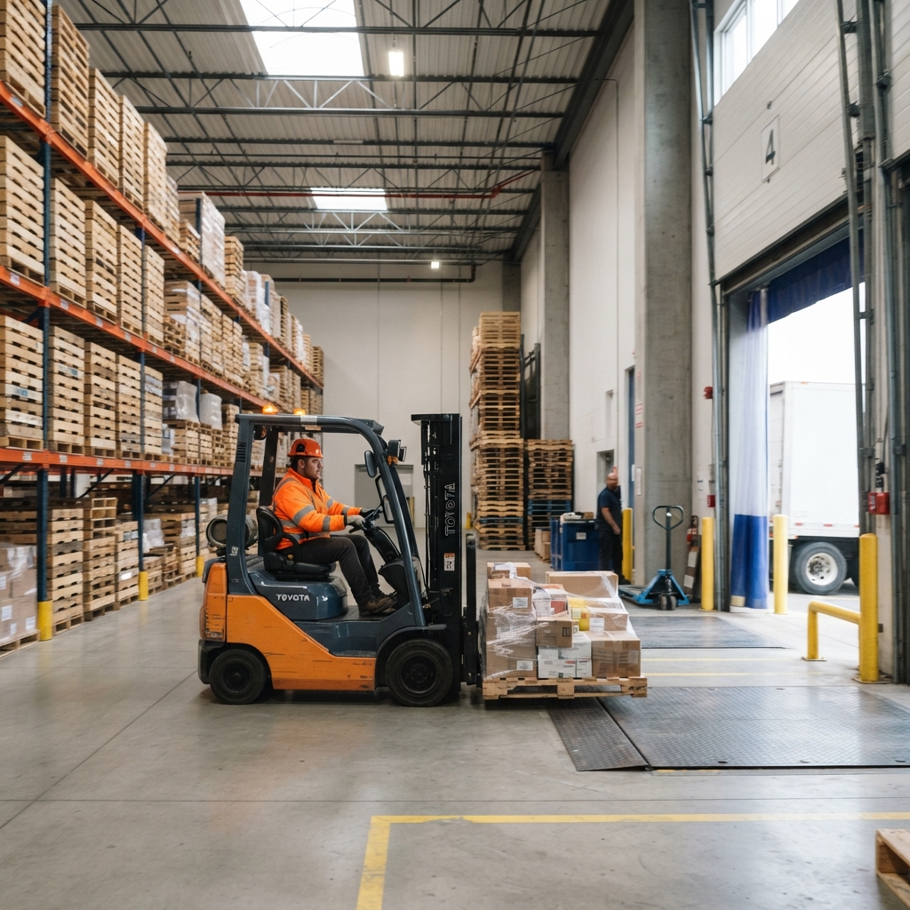 Forklift operator moving pallet in a clean warehouse