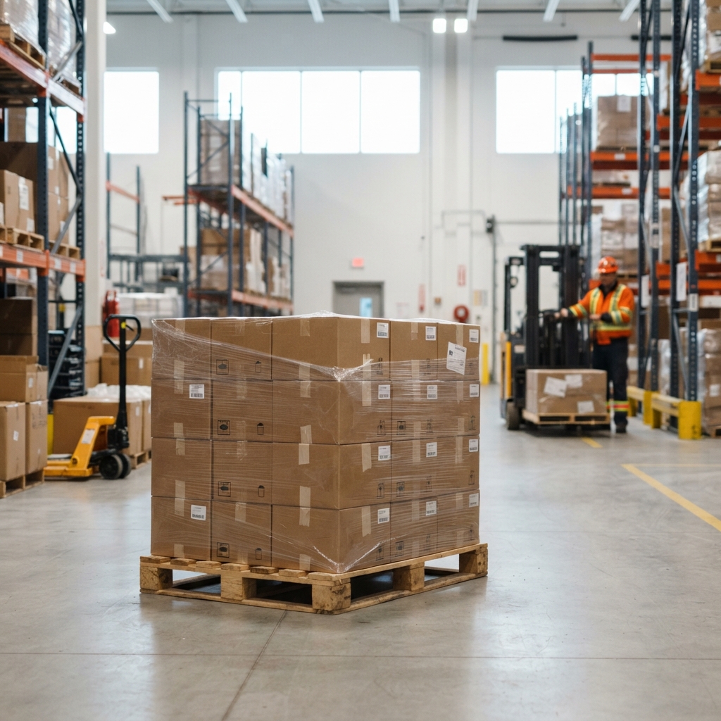 Organized warehouse pallet ready for shipment