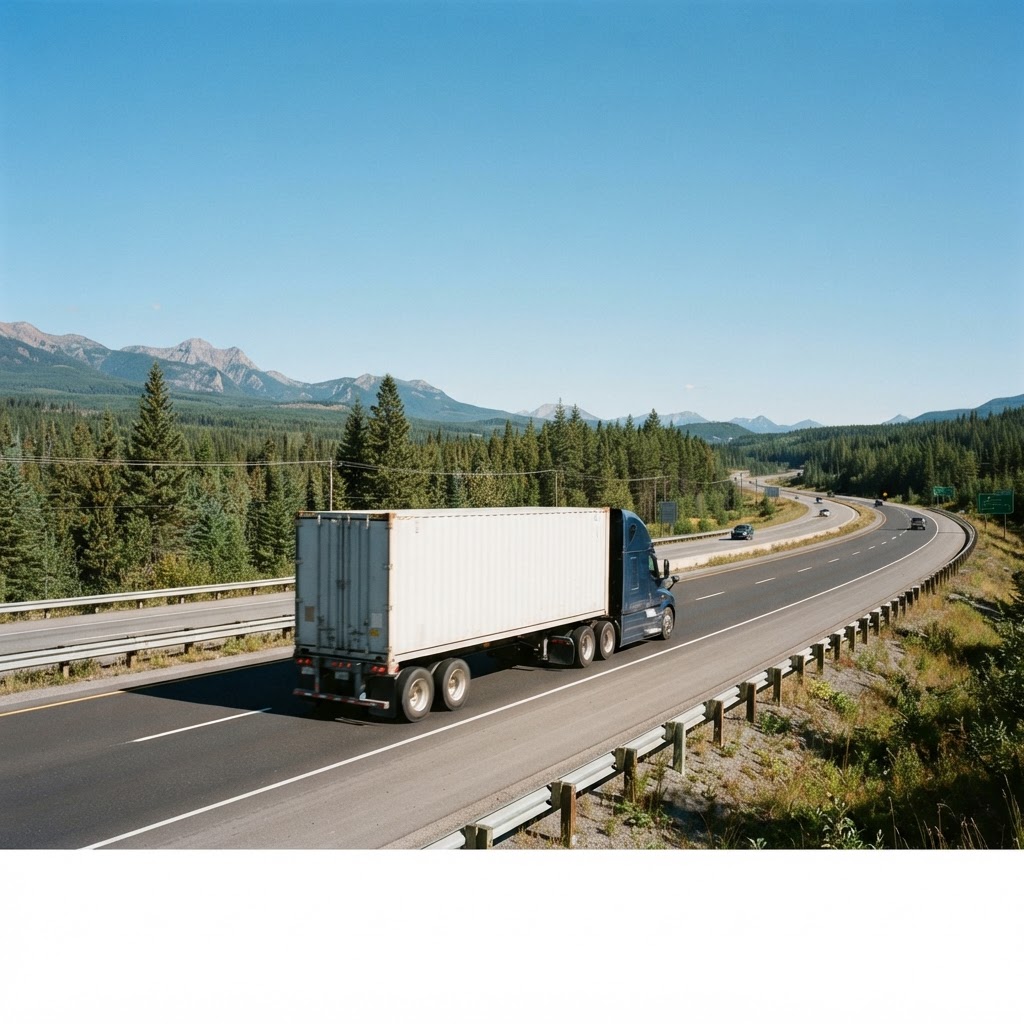 Semi truck cruising on a Canadian highway during daytime