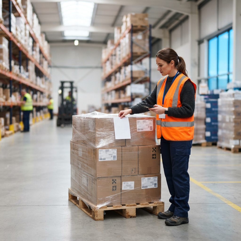 Logistics manager inspecting a prepared shipping pallet