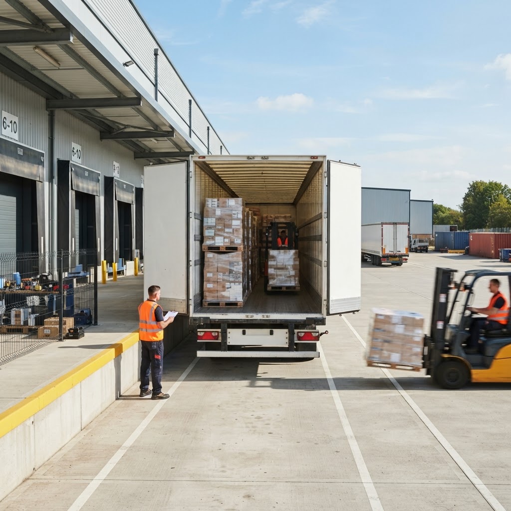 Loading a transport truck at a warehouse dock
