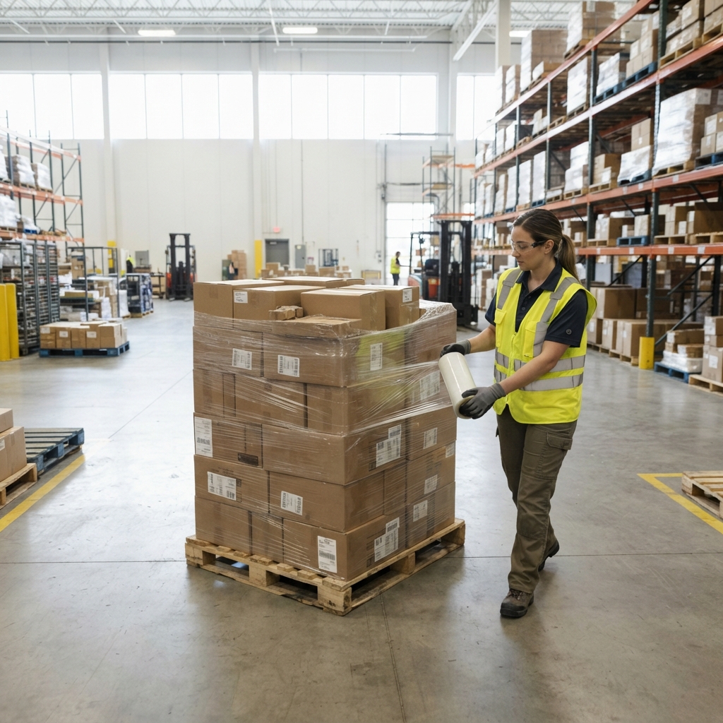 Warehouse worker carefully wrapping a pallet for shipping