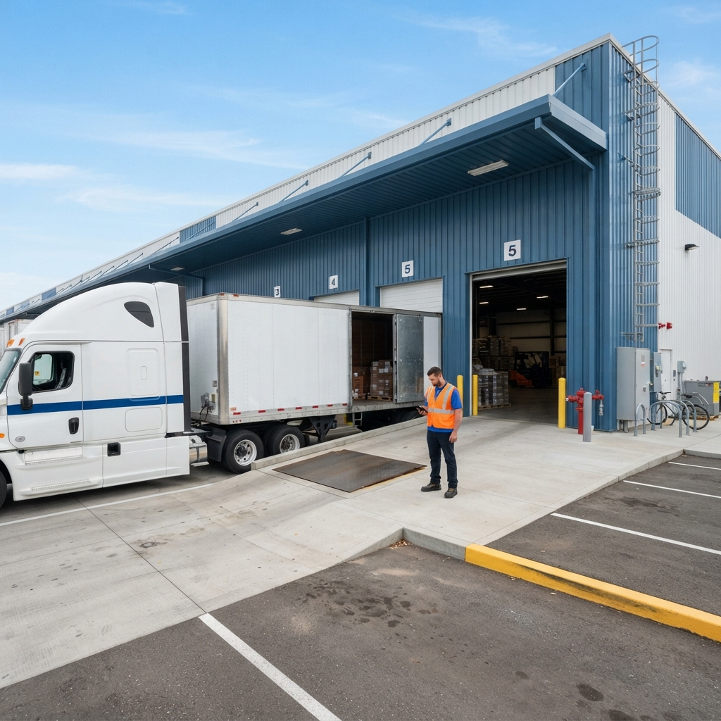 Transport truck at a clean warehouse loading dock