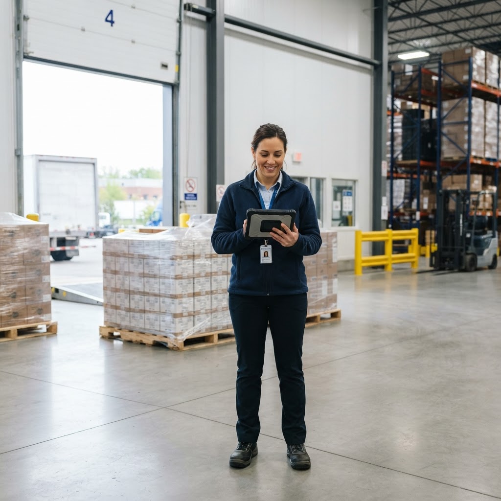 Logistics coordinator managing shipping from a clean warehouse