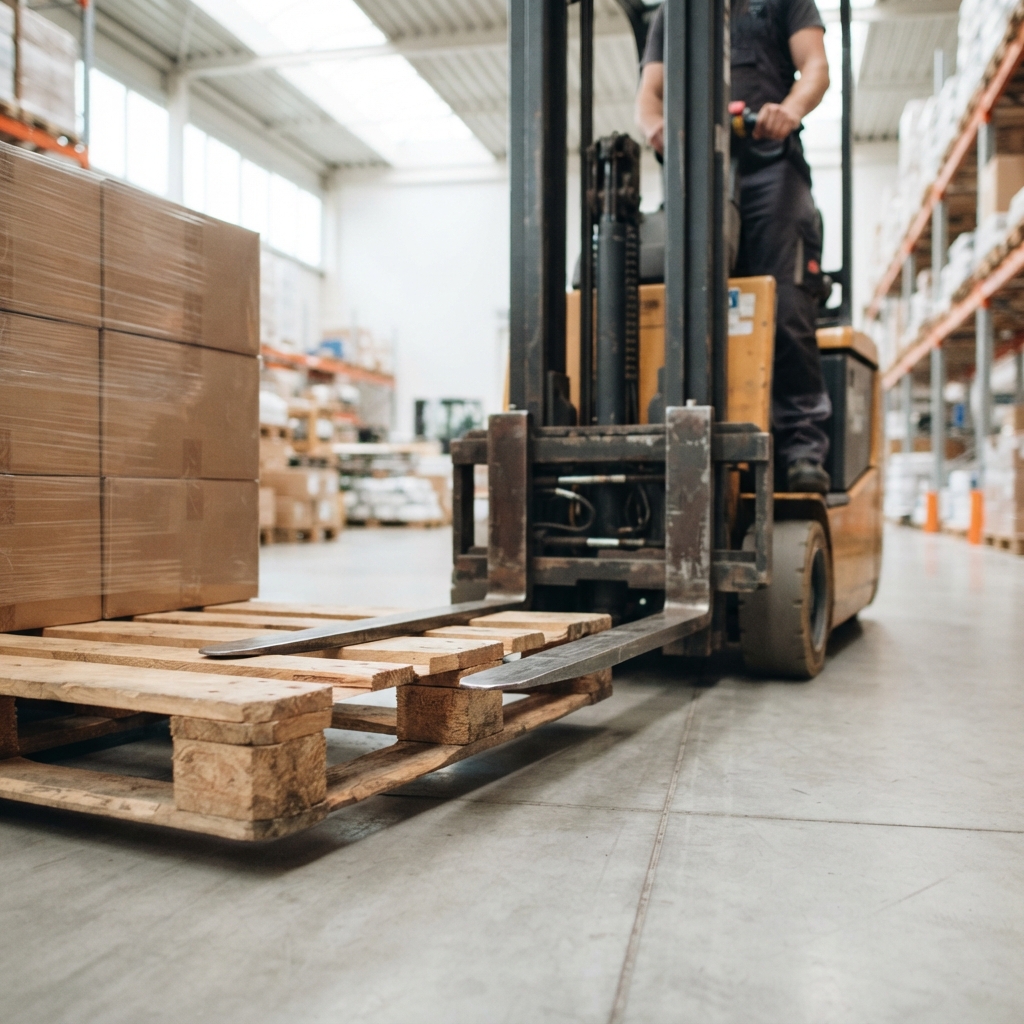 Warehouse forklift moving a pallet of goods