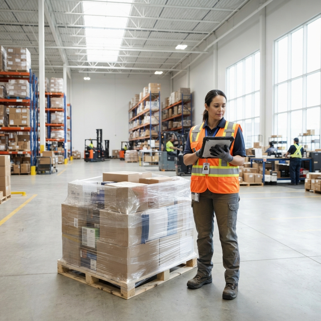 Warehouse worker preparing a pallet for cross border shipping