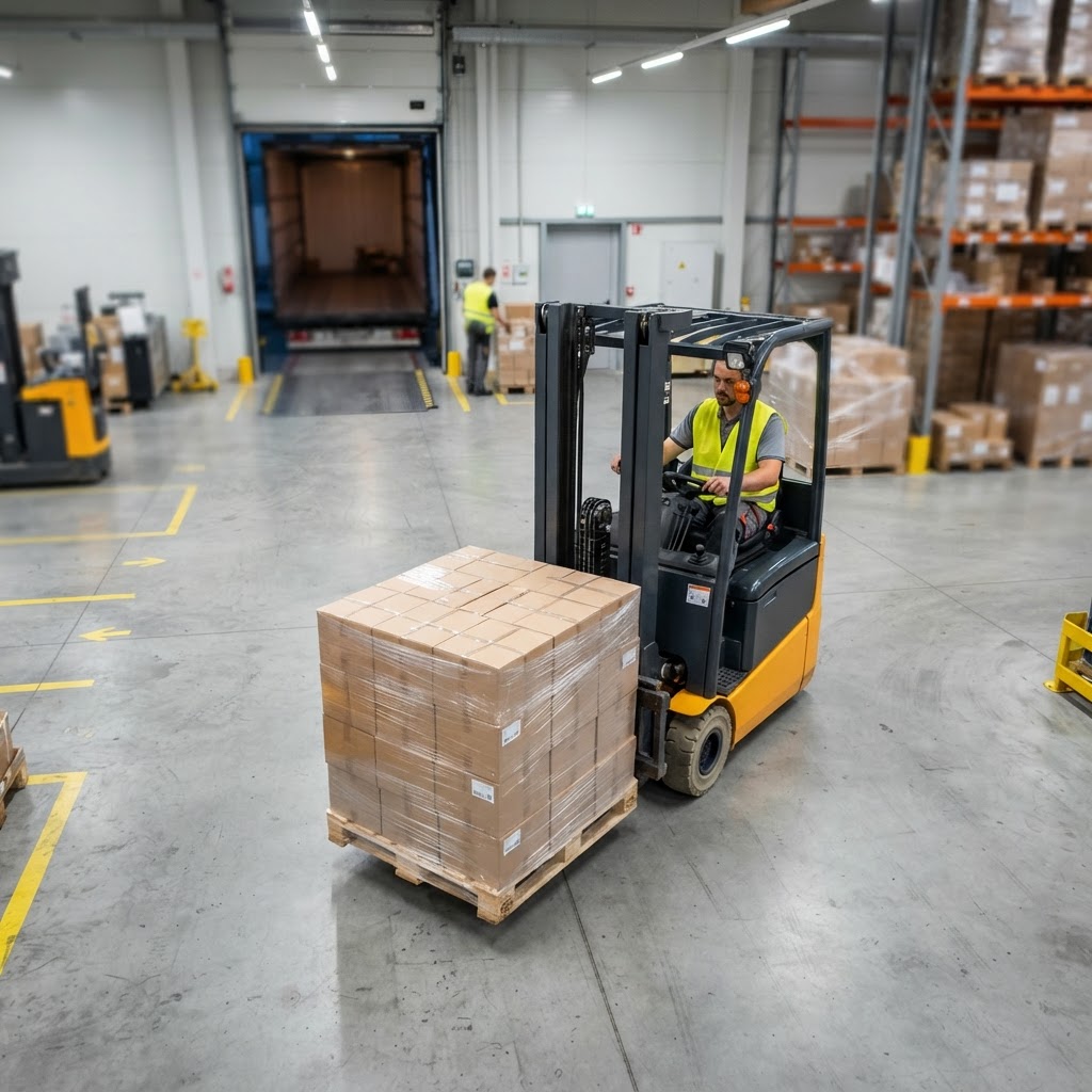 Forklift operator moving pallet in a clean warehouse