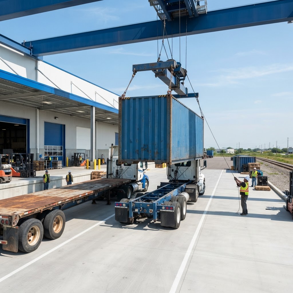 Intermodal container transfer at a clean warehouse dock