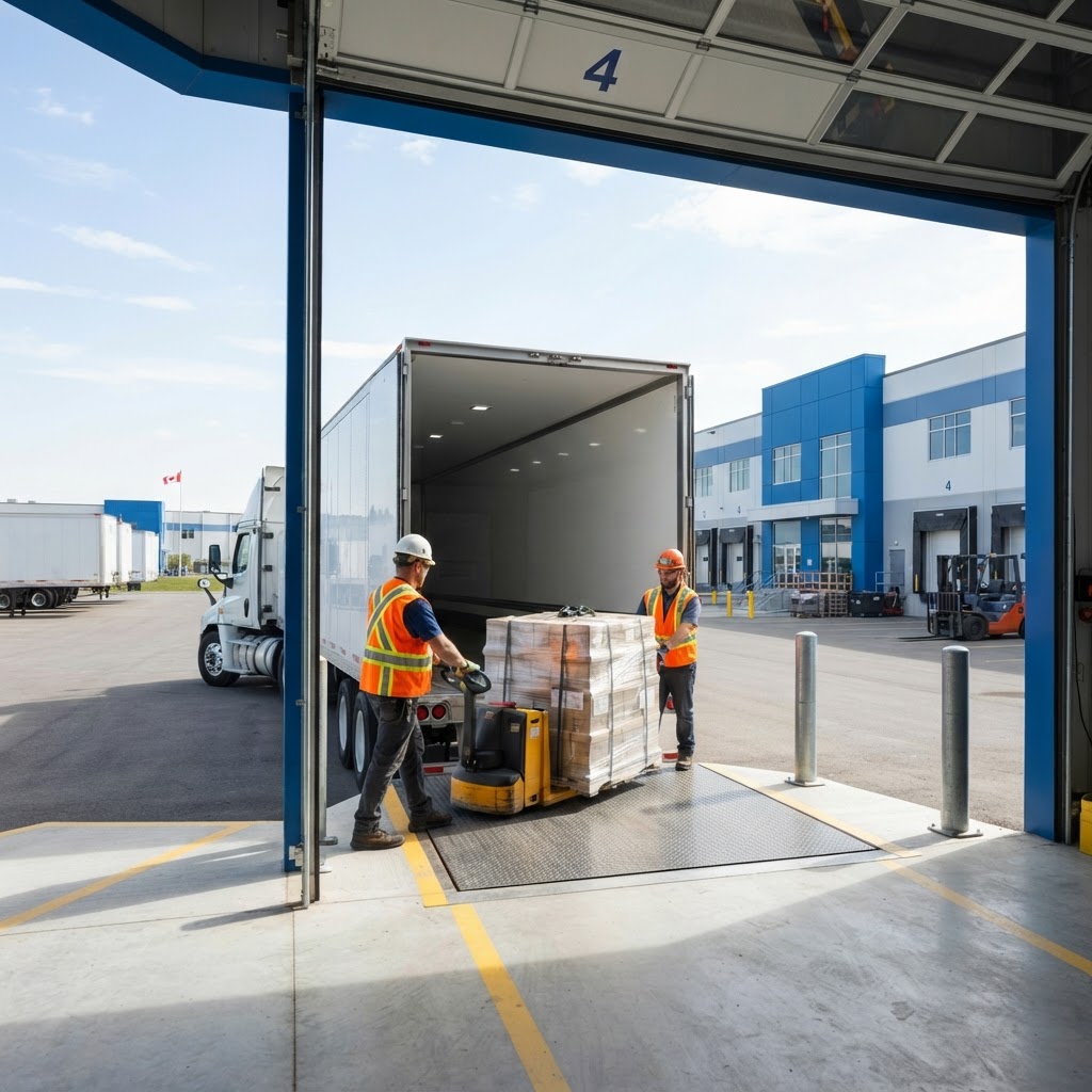 Clean warehouse loading dock with truck and pallets